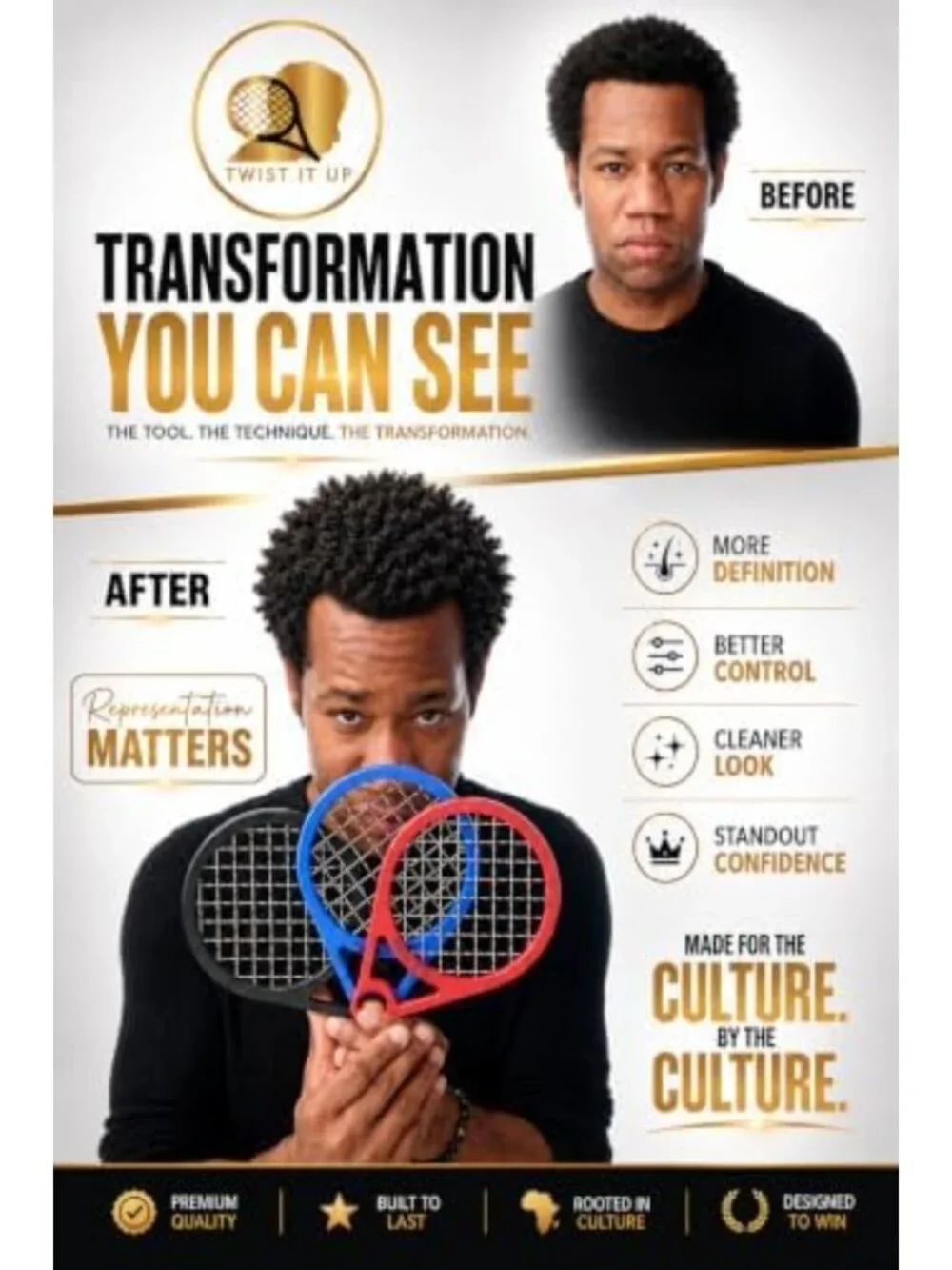 Twist It Up Comb - Curl & Twist Tool for Natural Hair, Tennis Racket Design